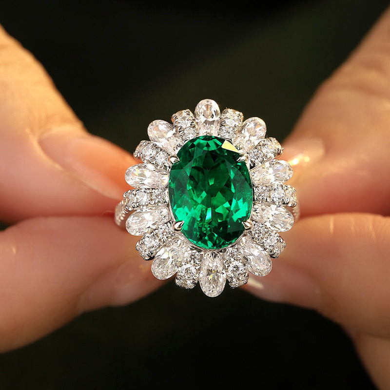 Zambia artificially cultivated simulated emerald ring silver plated 18K gold synthetic colorful treasure women's ring