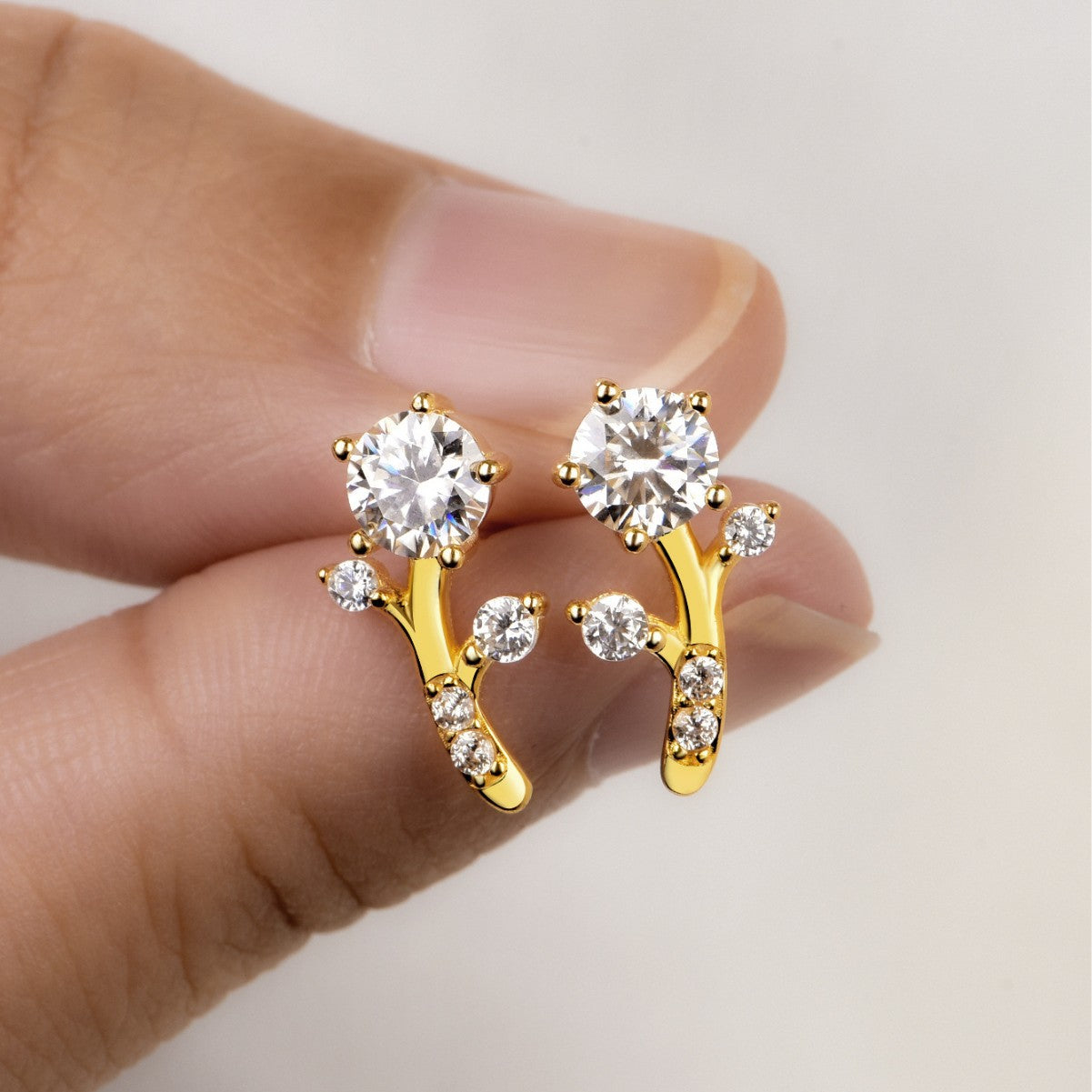 Golden branches jade leaves, moissanite earrings