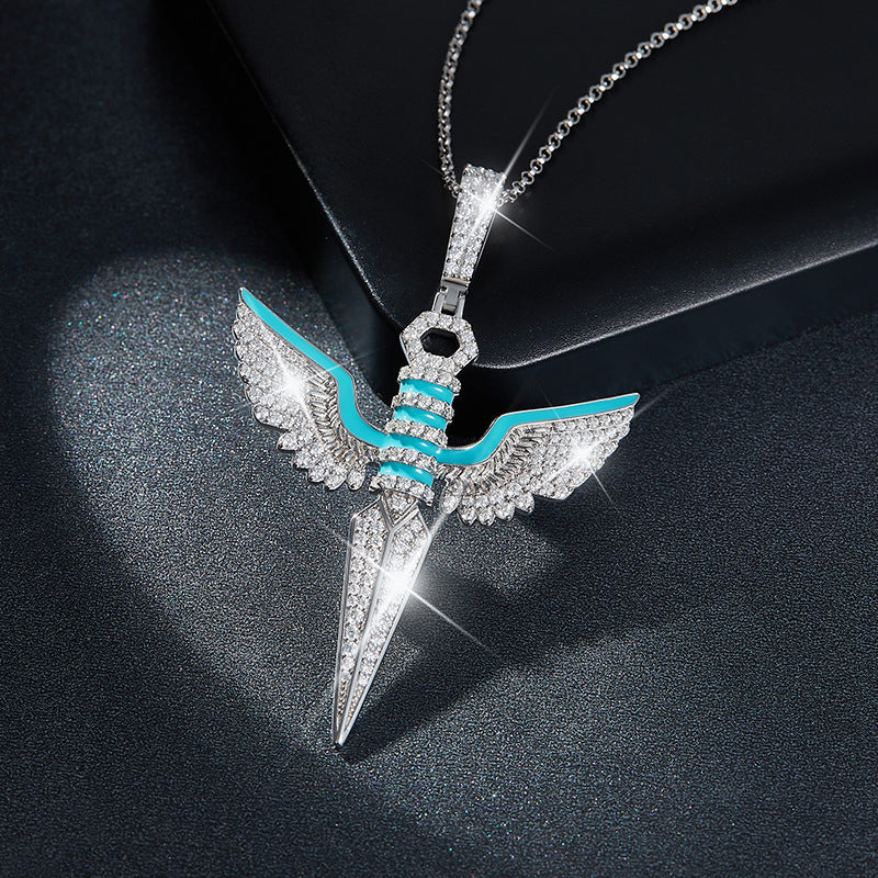 Hip hop style full diamond moissani blue enamel men's trendy pendant S925 silver gold-plated necklace