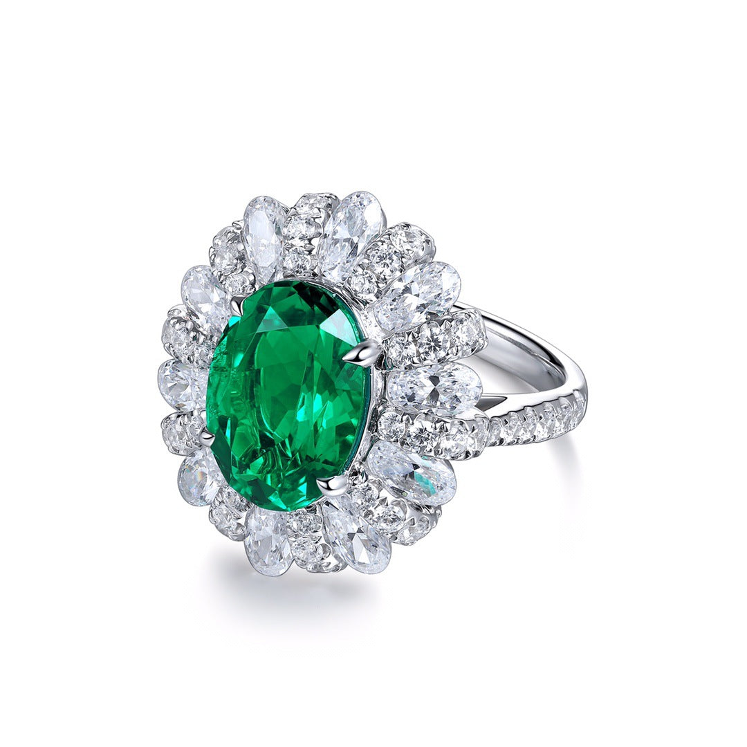 Zambia artificially cultivated simulated emerald ring silver plated 18K gold synthetic colorful treasure women's ring