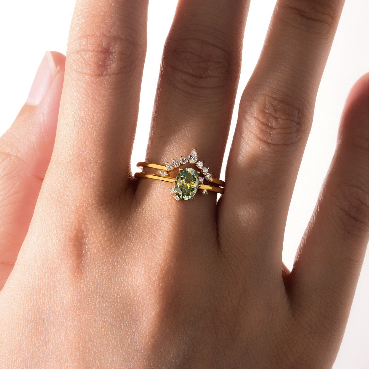 Blue green moissanite diamond layered ring