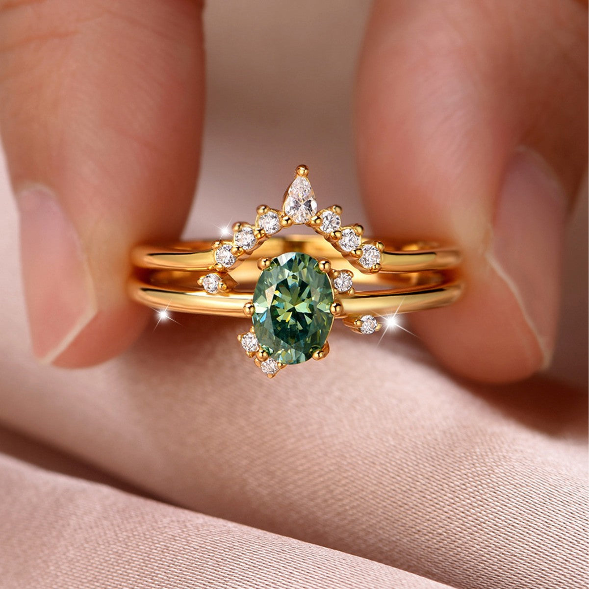 Blue green moissanite diamond layered ring