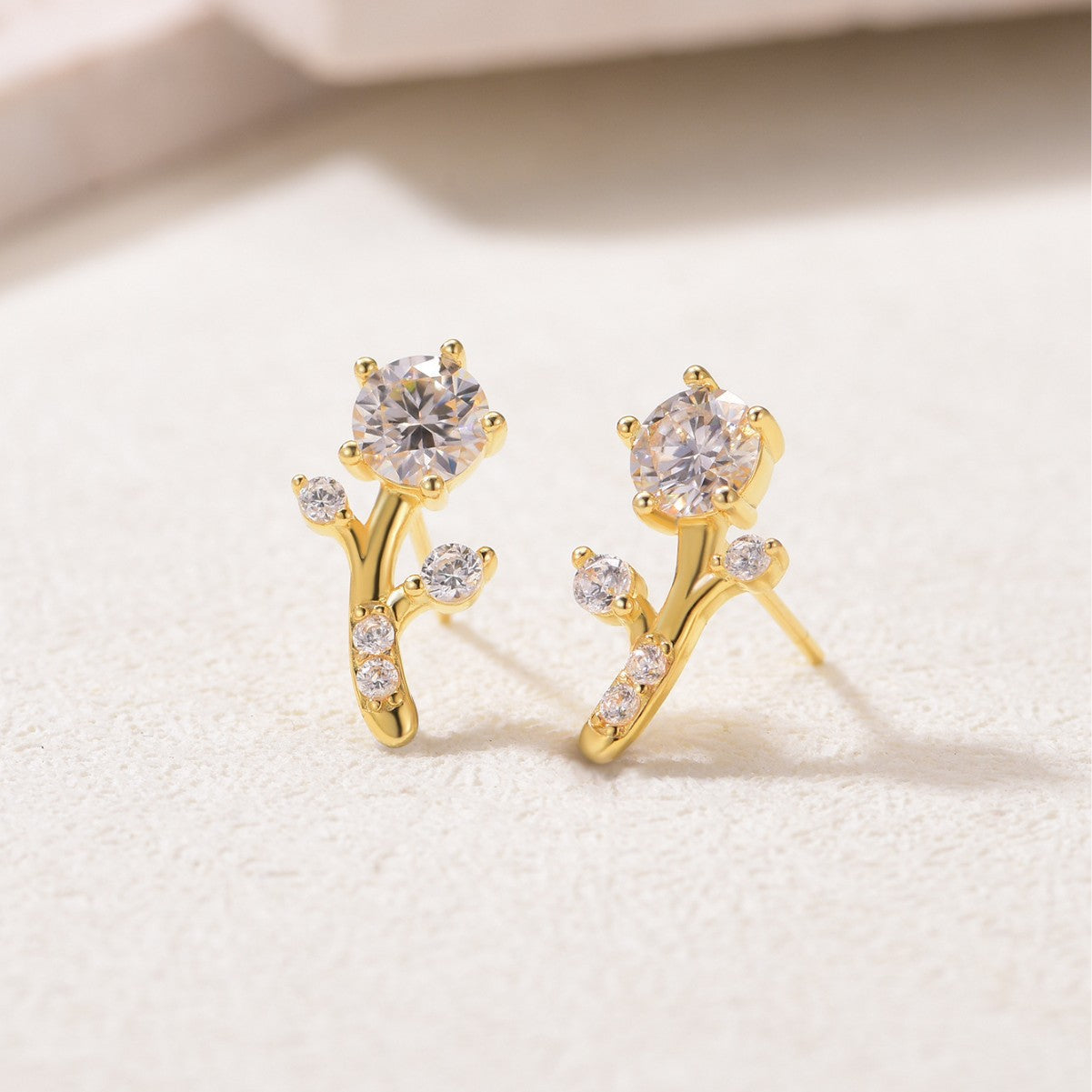 Golden branches jade leaves, moissanite earrings