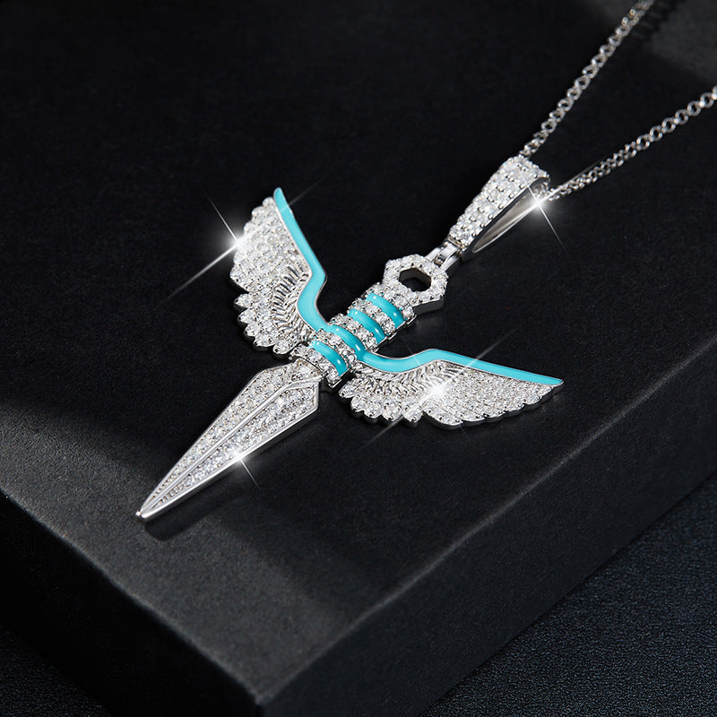 Hip hop style full diamond moissani blue enamel men's trendy pendant S925 silver gold-plated necklace