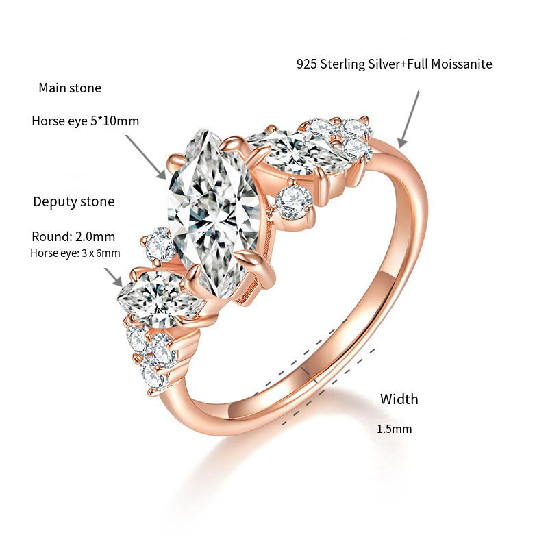 Fashionable horse eye irregular symmetrical 1 carat moissani diamond silver plated 18k rose gold ring
