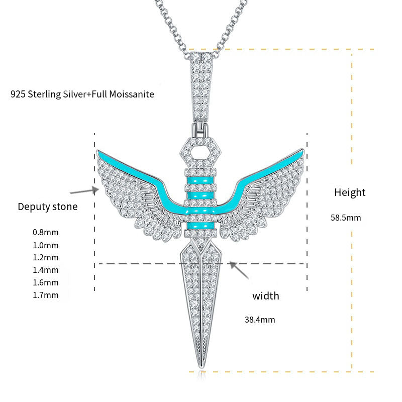 Hip hop style full diamond moissani blue enamel men's trendy pendant S925 silver gold-plated necklace