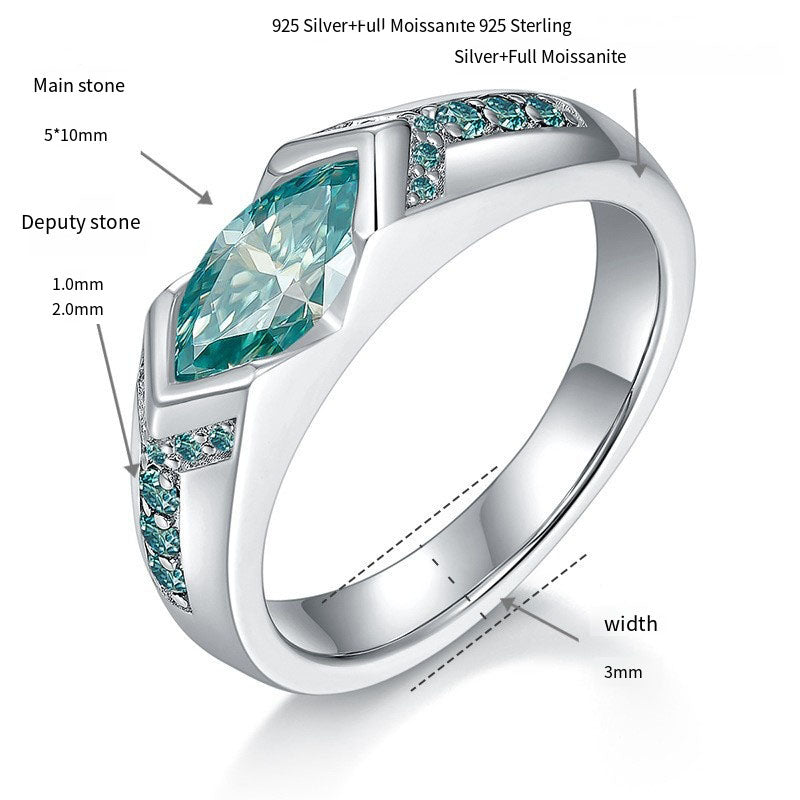 Water blue horse eye 5 * 10mm1 carat blue-green moissanite ring unisex pure silver