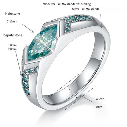Water blue horse eye 5 * 10mm1 carat blue-green moissanite ring unisex pure silver