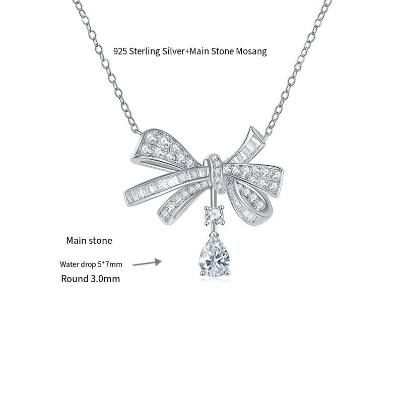 Light luxury bow droplet pear shaped moissanite silver plated 18k gold necklace