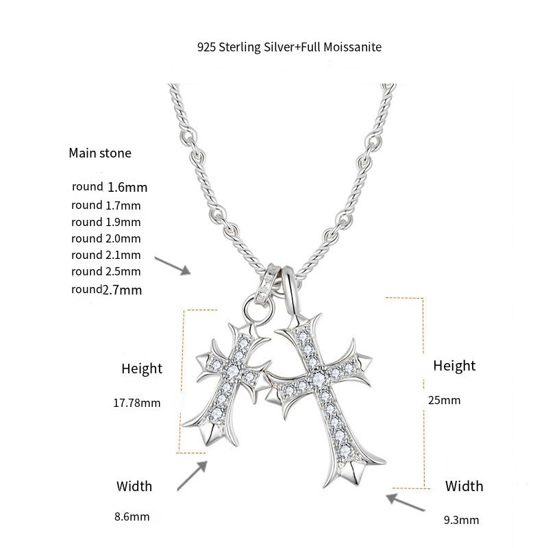 Vintage Kroos Heart Cross Necklace S925 Silver Inlaid Mosan Diamond Pendant Detachable Chain Set