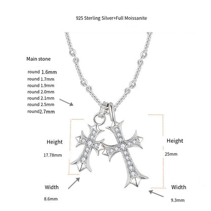Vintage Kroos Heart Cross Necklace S925 Silver Inlaid Mosan Diamond Pendant Detachable Chain Set