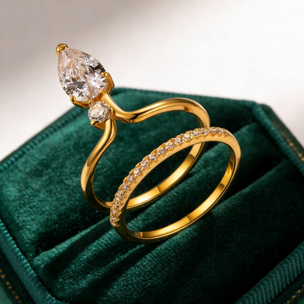 Twin Star Pear& Round Moissanite Double Ring Set