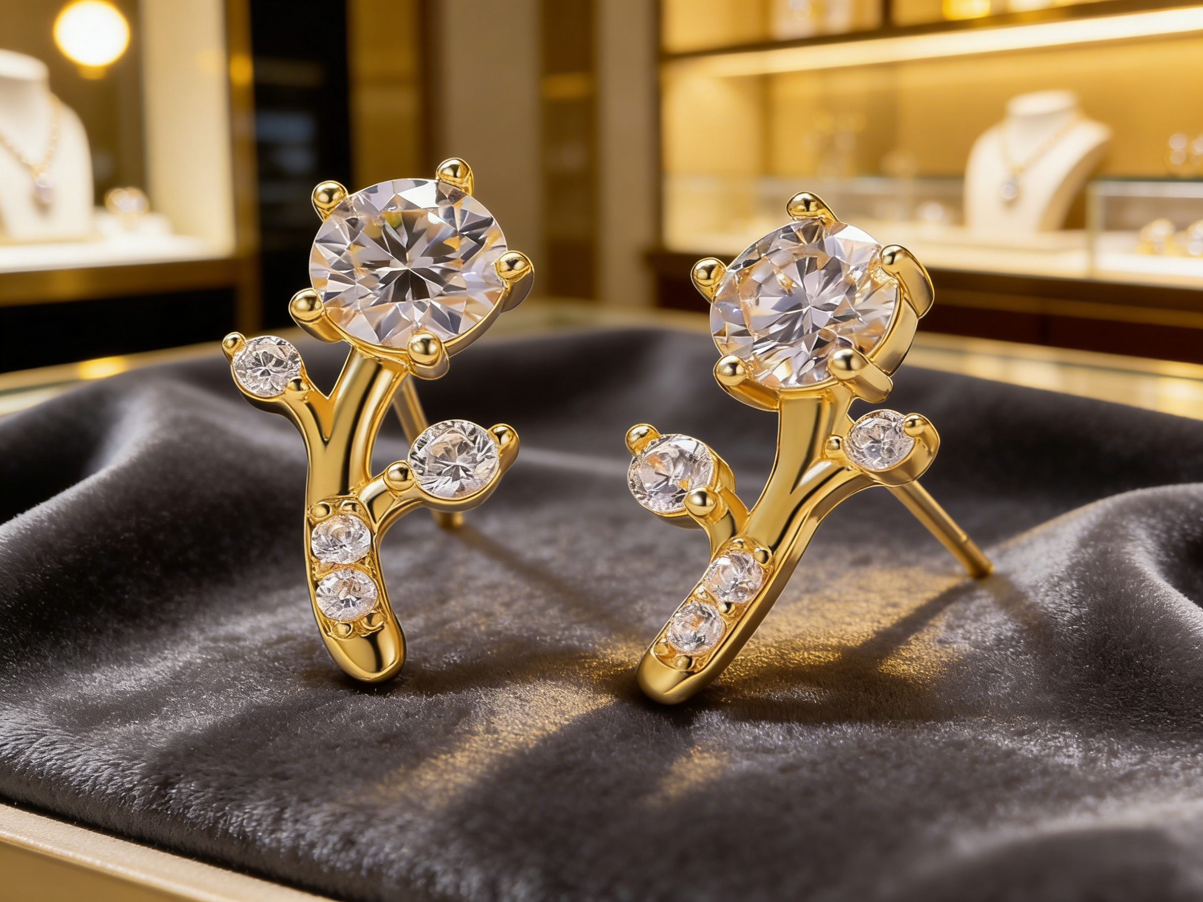 Golden branches jade leaves, moissanite earrings