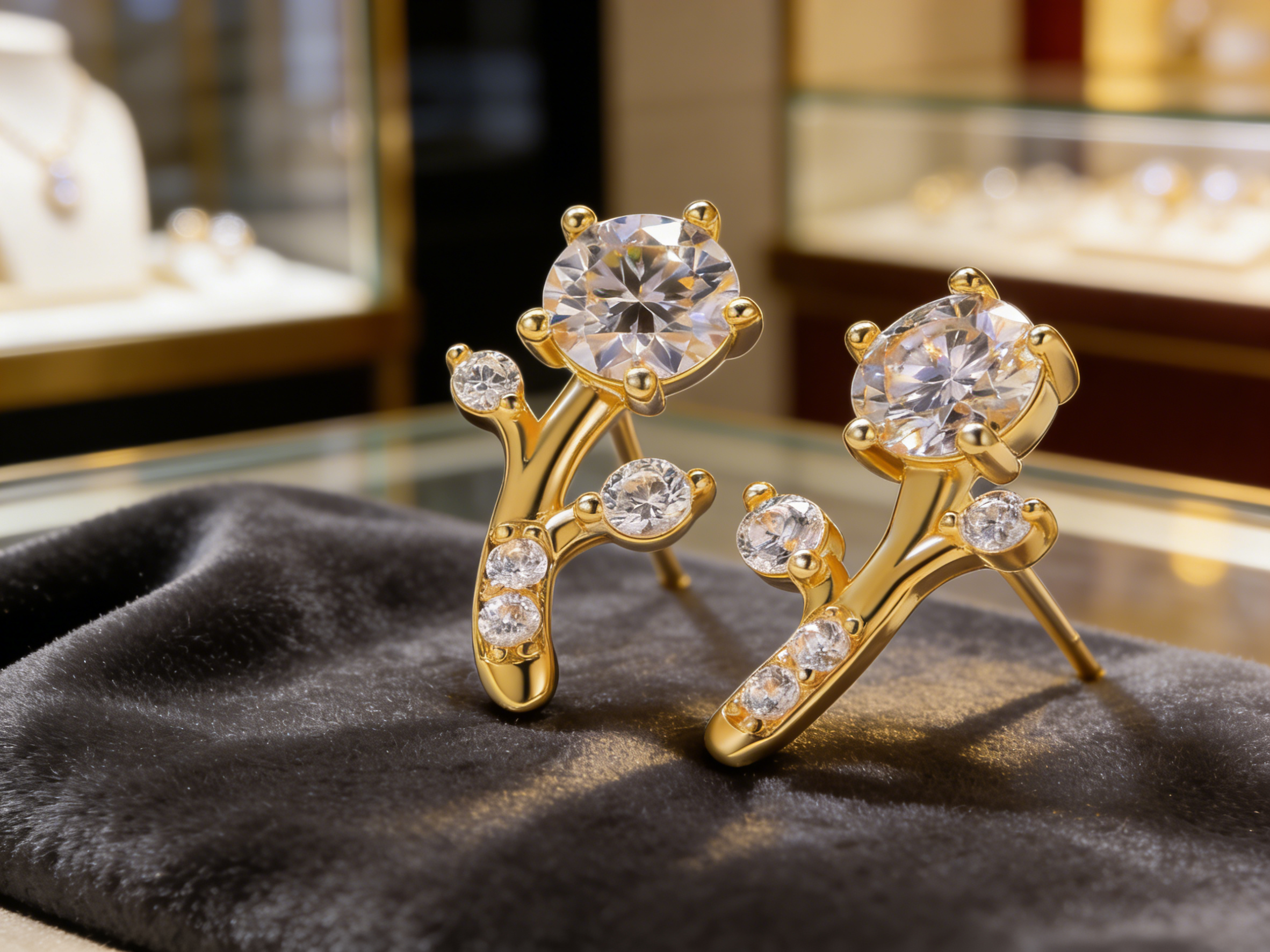 Golden branches jade leaves, moissanite earrings