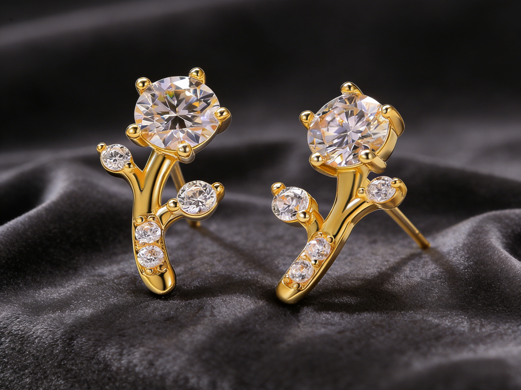 Golden branches jade leaves, moissanite earrings