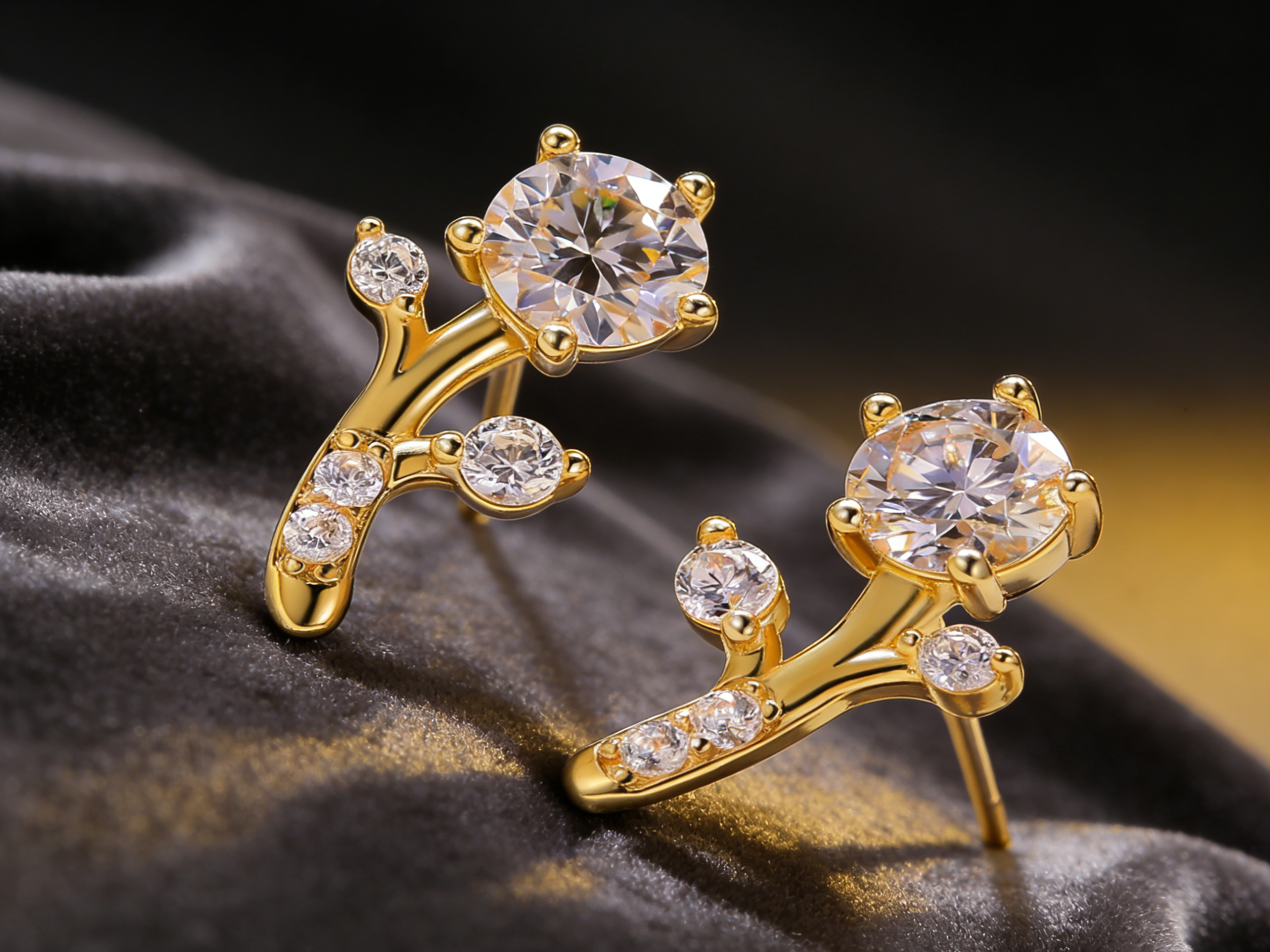 Golden branches jade leaves, moissanite earrings