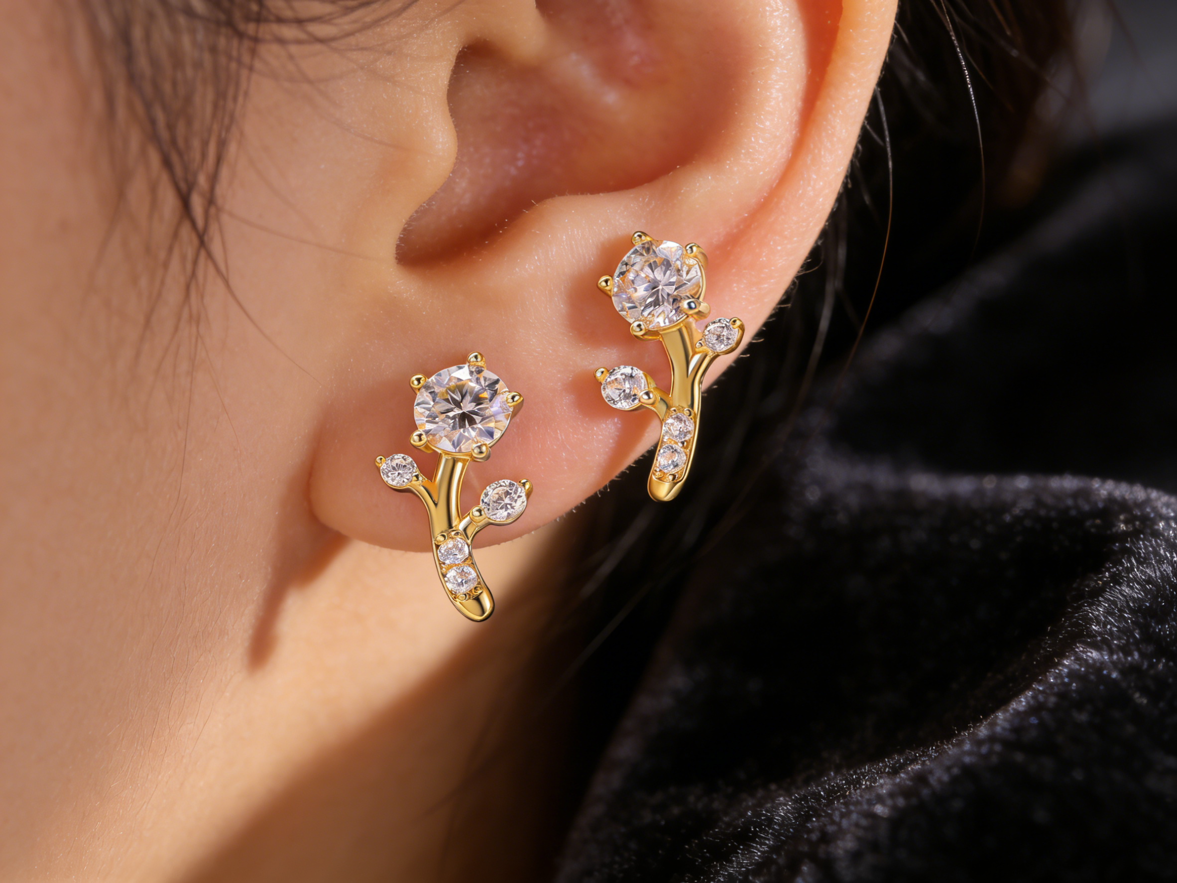 Golden branches jade leaves, moissanite earrings