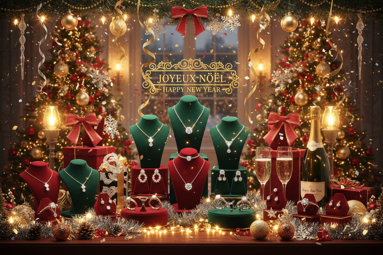生成一个圣诞节和元旦主题的图片，图片上有节气的氛围，里面有莫桑石戒指，项链，手链和耳钉，色彩丰富，符合美国人的审美
