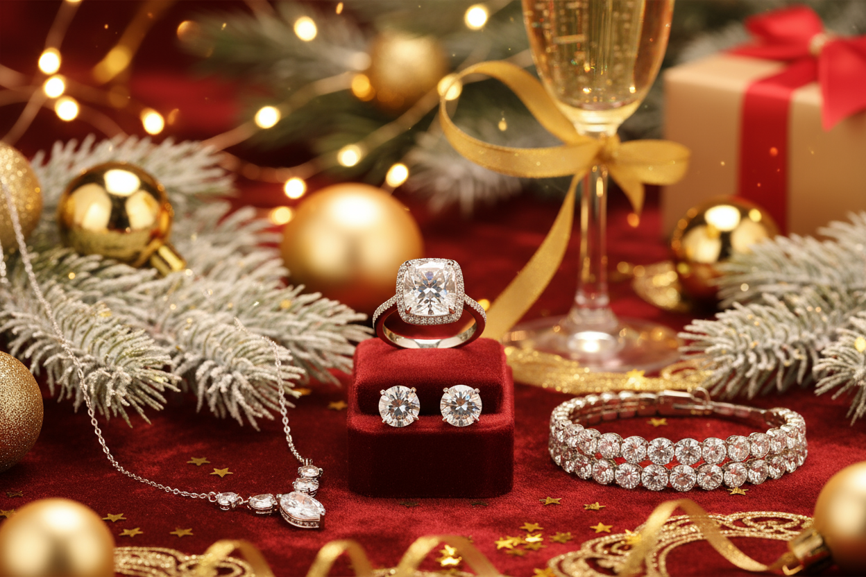 生成元旦和圣诞节主题的图片，图片上有莫桑石戒指，莫桑石项链，莫桑石手链和莫桑石耳钉，图片喜庆，吸人人购买