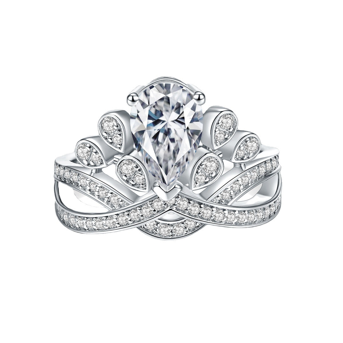 Coronation Love Egret Feather Water Drop Pear shaped Moissanite Emerald Red Blue Treasure Crown Ring
