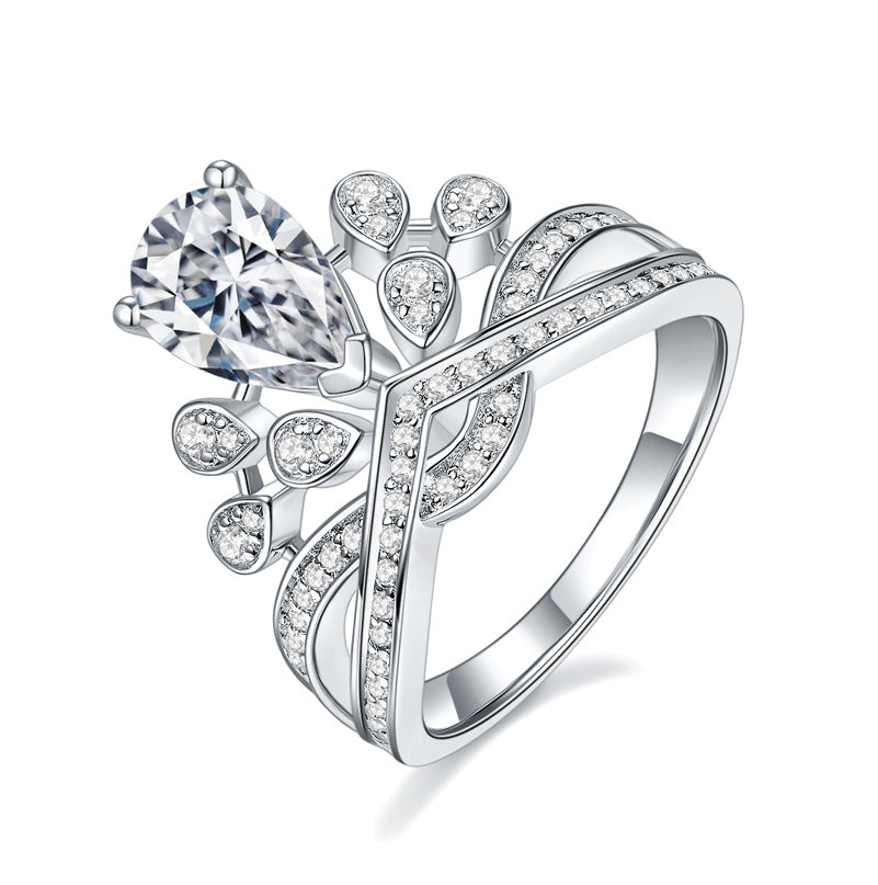 Coronation Love Egret Feather Water Drop Pear shaped Moissanite Emerald Red Blue Treasure Crown Ring