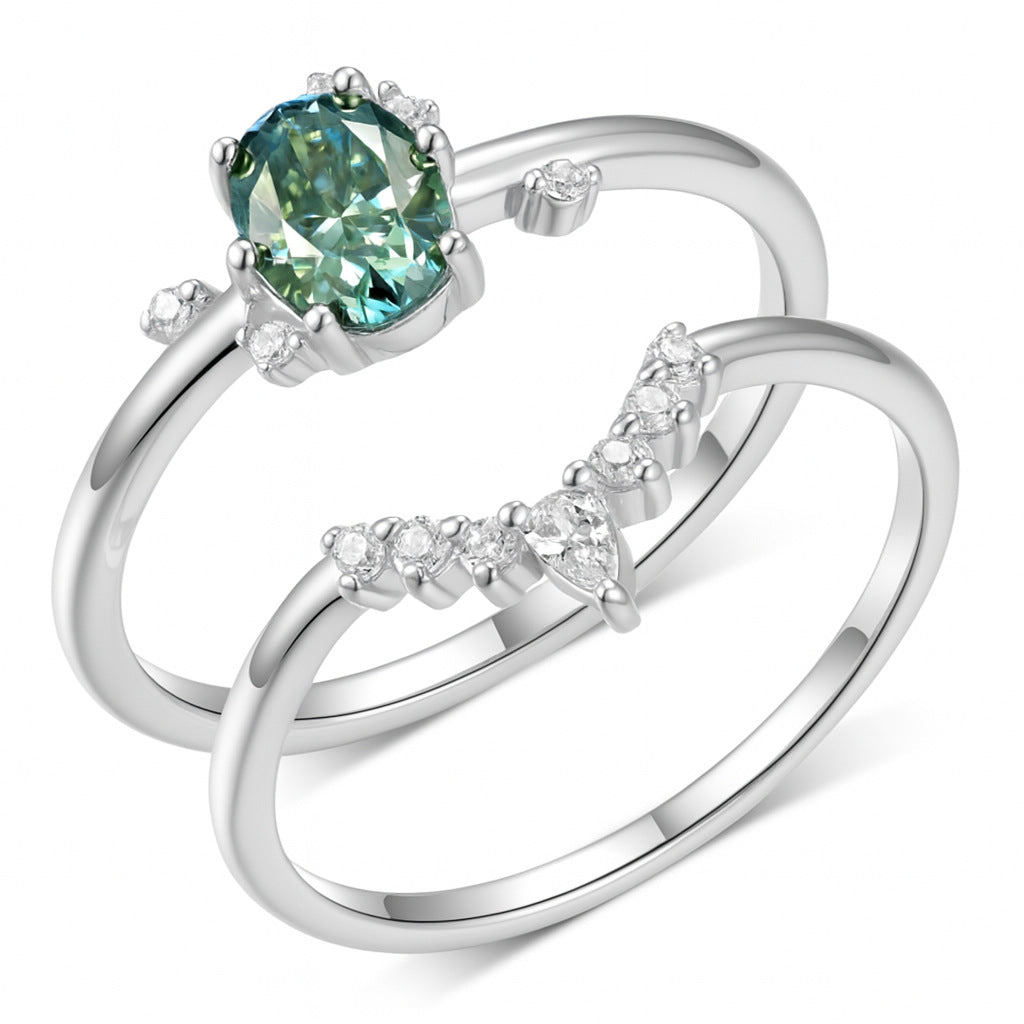 Blue green moissanite diamond layered ring