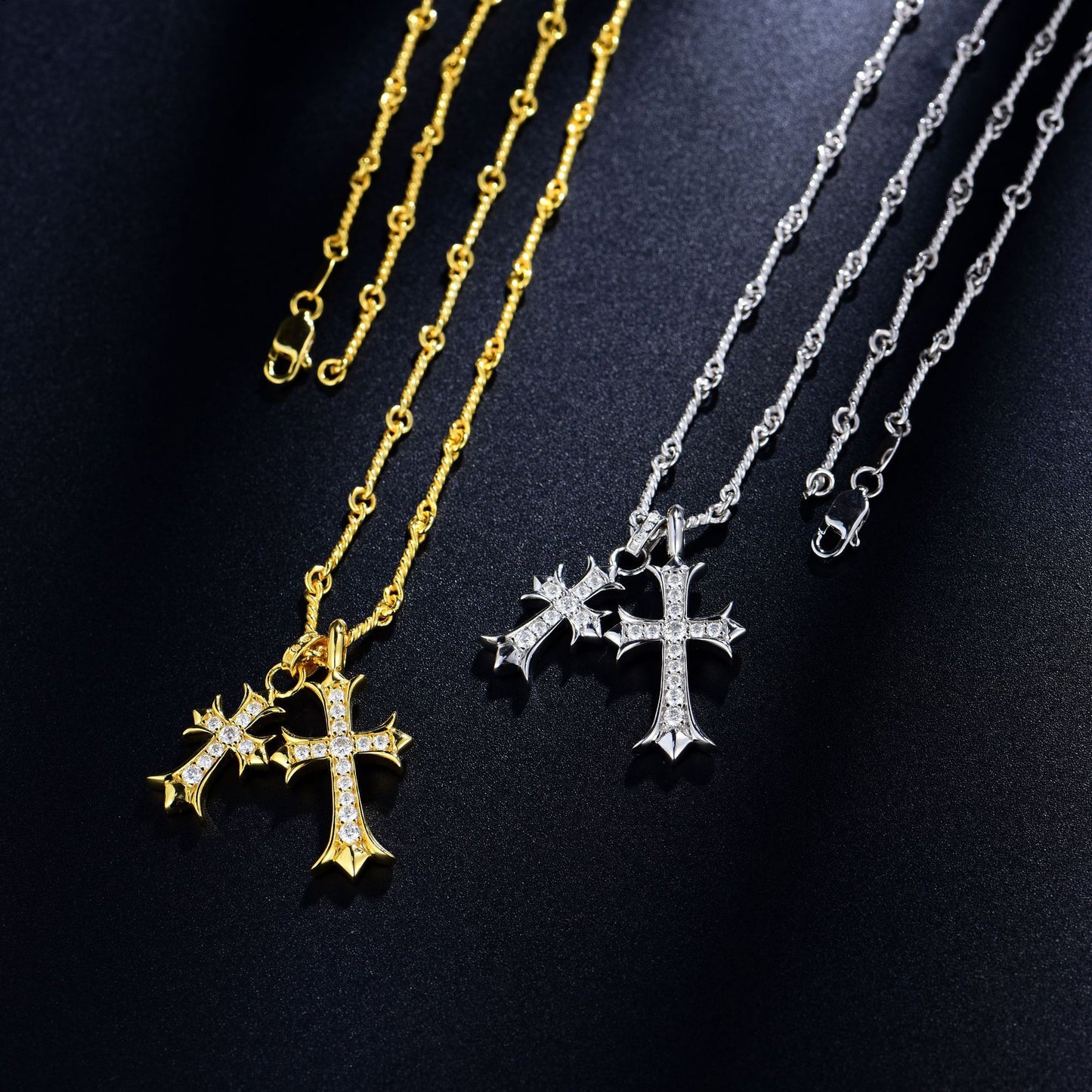 Vintage Kroos Heart Cross Necklace S925 Silver Inlaid Mosan Diamond Pendant Detachable Chain Set