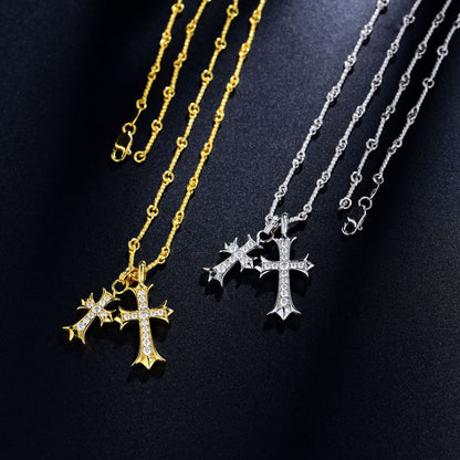 Vintage Kroos Heart Cross Necklace S925 Silver Inlaid Mosan Diamond Pendant Detachable Chain Set