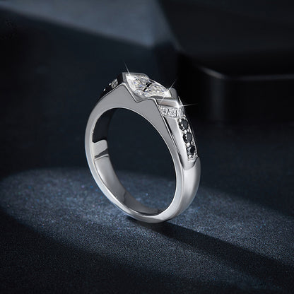 Horse Eye 1 carat black and white contrasting moissanite ring, unisex, pure silver plated with 18k gold