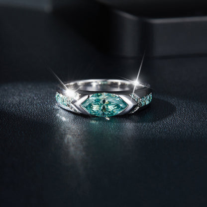 Water blue horse eye 5 * 10mm1 carat blue-green moissanite ring unisex pure silver