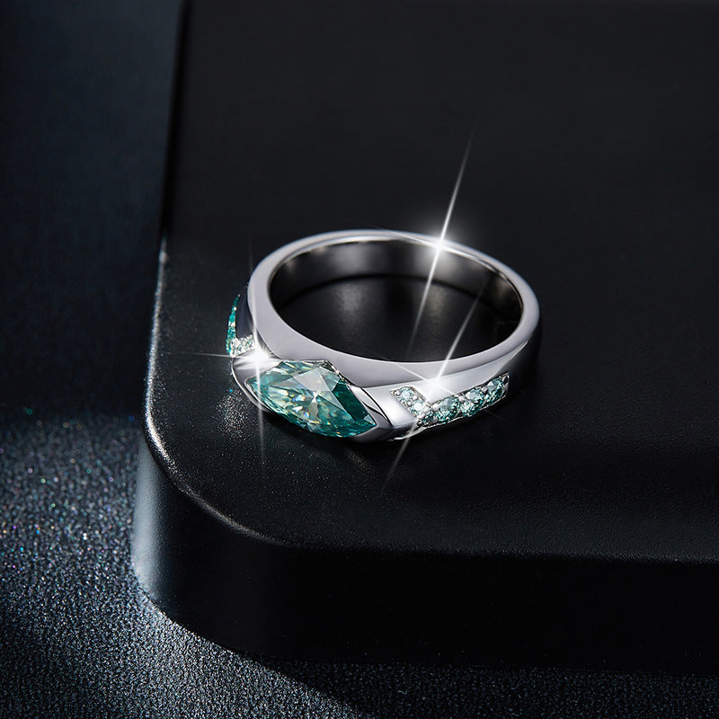 Water blue horse eye 5 * 10mm1 carat blue-green moissanite ring unisex pure silver