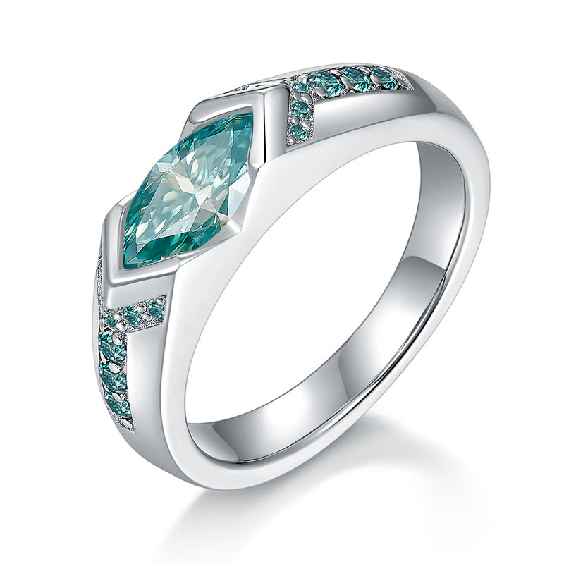 Water blue horse eye 5 * 10mm1 carat blue-green moissanite ring unisex pure silver
