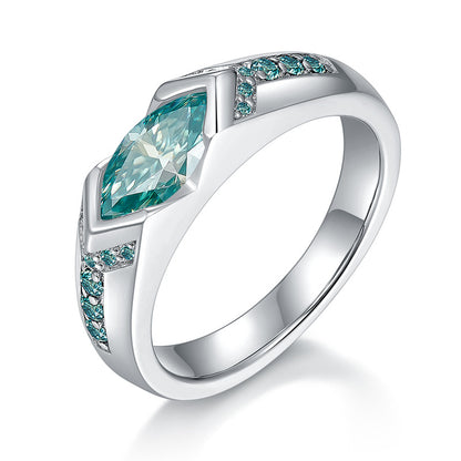 Water blue horse eye 5 * 10mm1 carat blue-green moissanite ring unisex pure silver