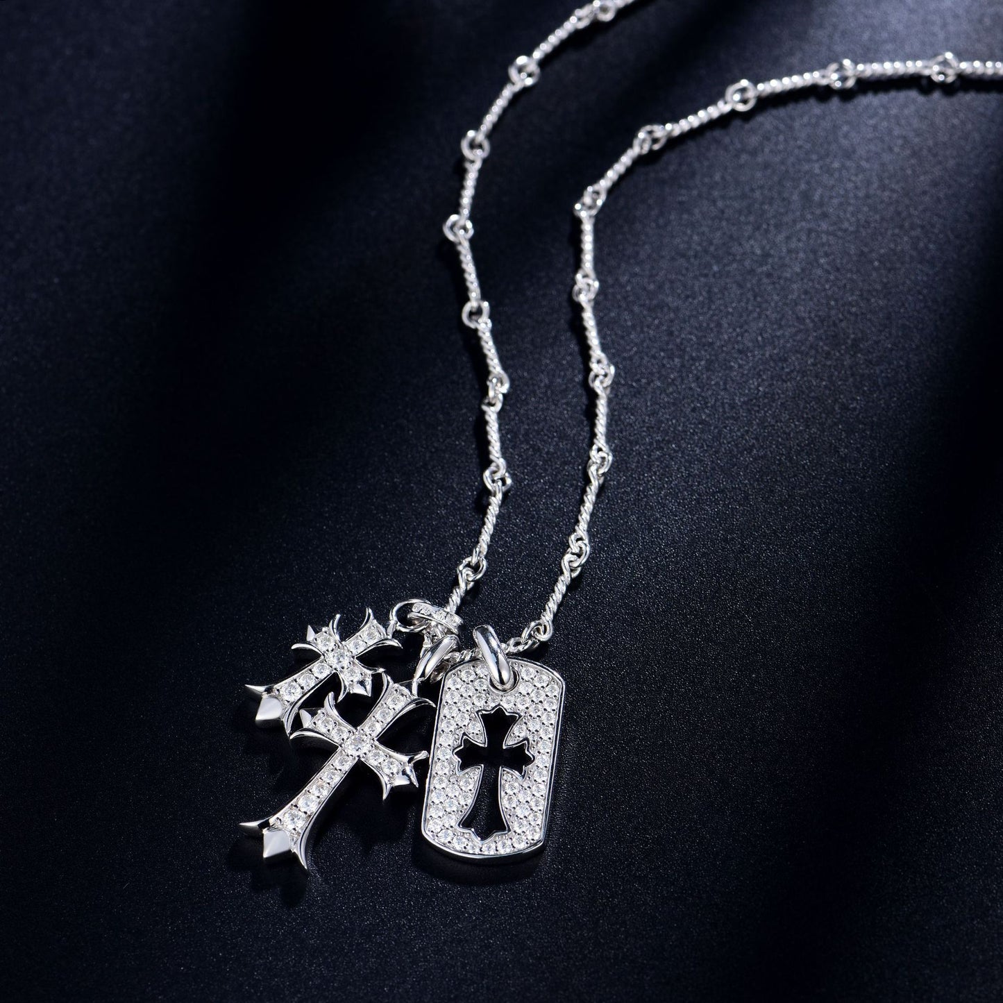Vintage Kroos Heart Cross Necklace S925 Silver Inlaid Mosan Diamond Pendant Detachable Chain Set