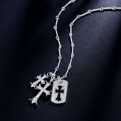 Vintage Kroos Heart Cross Necklace S925 Silver Inlaid Mosan Diamond Pendant Detachable Chain Set