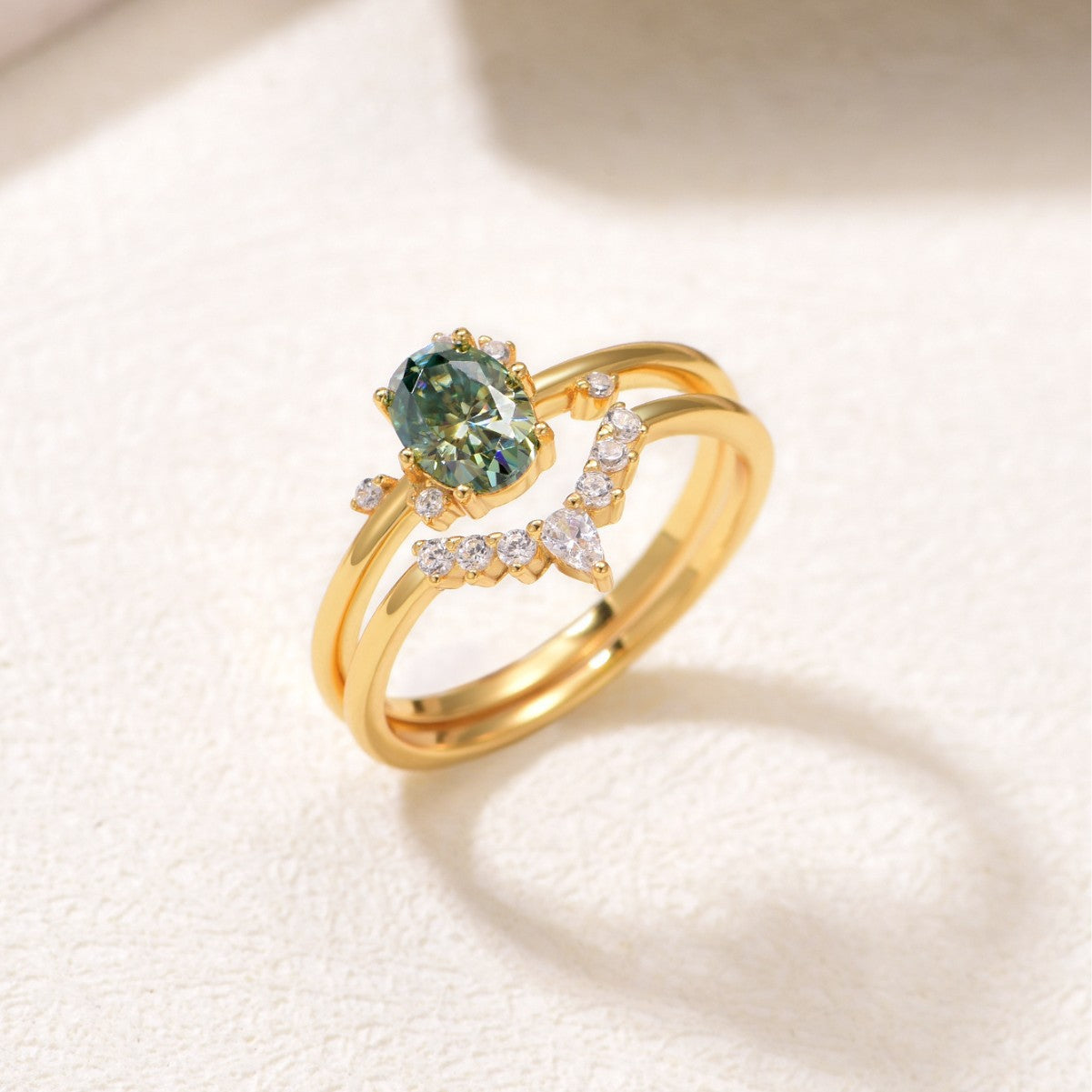 Blue green moissanite diamond layered ring