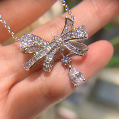 Light luxury bow droplet pear shaped moissanite silver plated 18k gold necklace