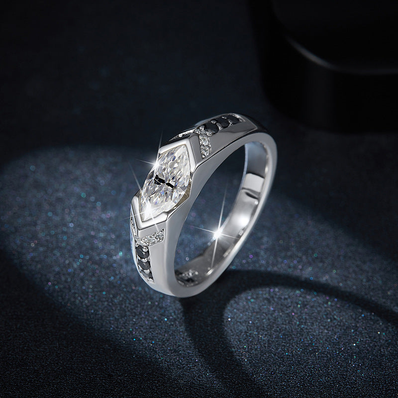 Horse Eye 1 carat black and white contrasting moissanite ring, unisex, pure silver plated with 18k gold