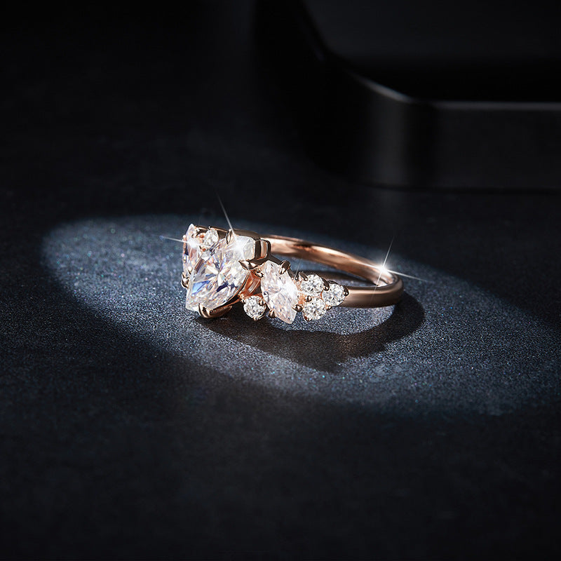Fashionable horse eye irregular symmetrical 1 carat moissani diamond silver plated 18k rose gold ring