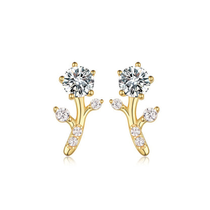 Golden branches jade leaves, moissanite earrings