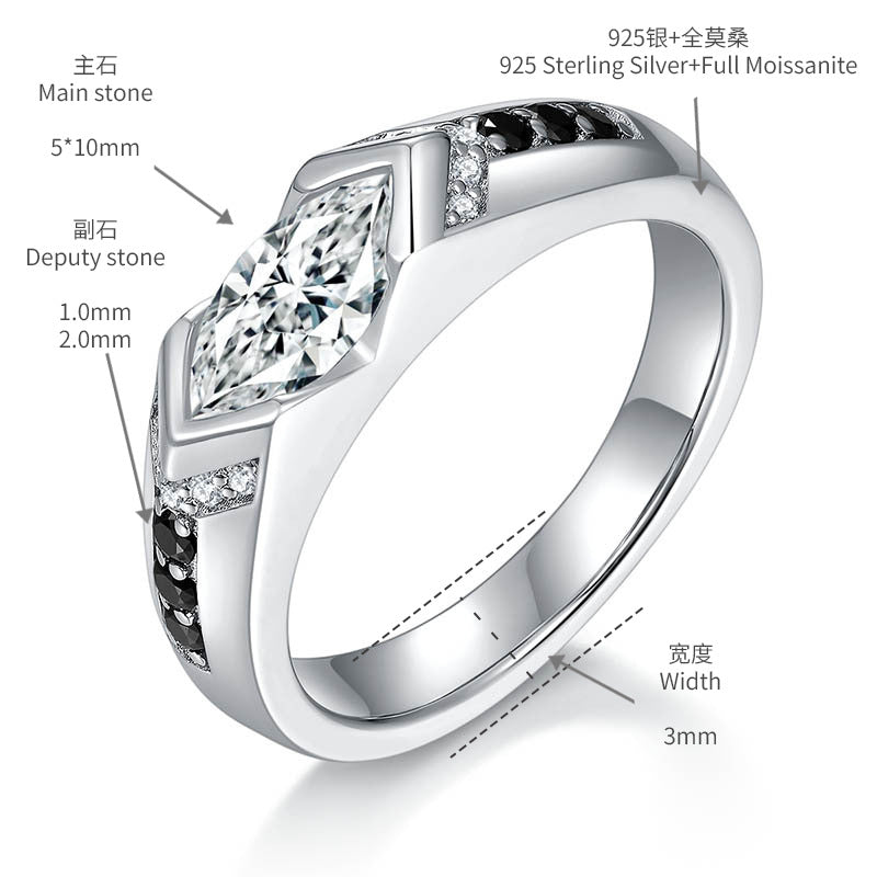 Horse Eye 1 carat black and white contrasting moissanite ring, unisex, pure silver plated with 18k gold