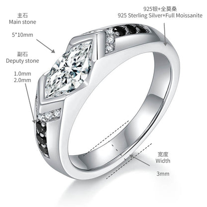 Horse Eye 1 carat black and white contrasting moissanite ring, unisex, pure silver plated with 18k gold