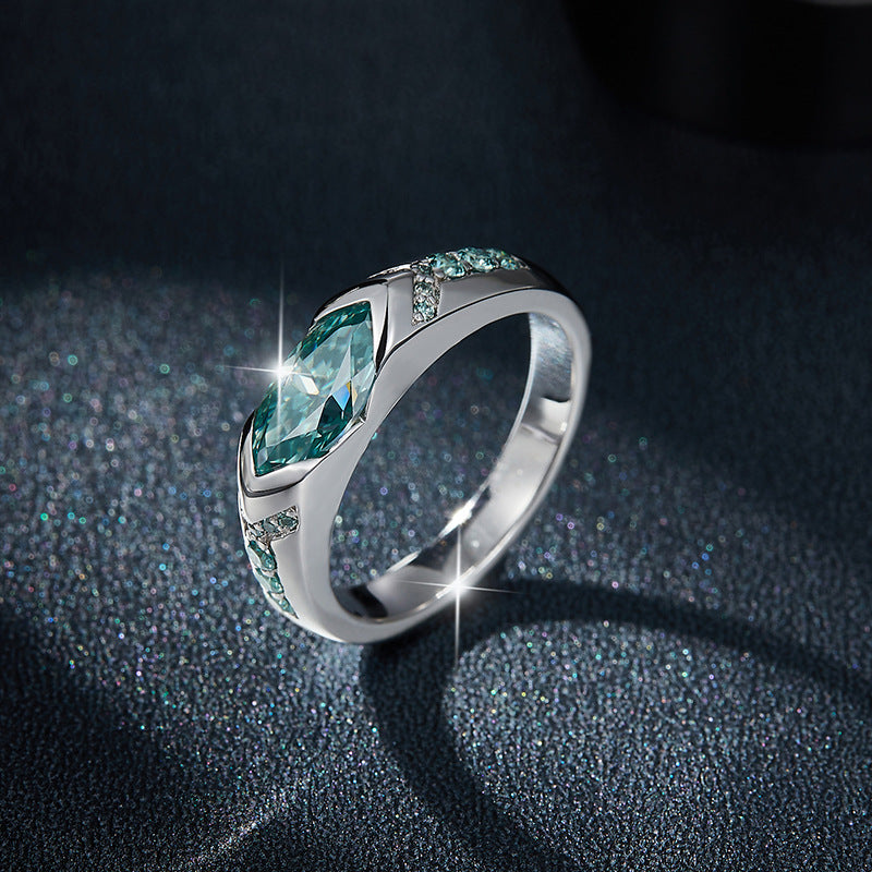 Water blue horse eye 5 * 10mm1 carat blue-green moissanite ring unisex pure silver