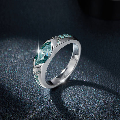 Water blue horse eye 5 * 10mm1 carat blue-green moissanite ring unisex pure silver