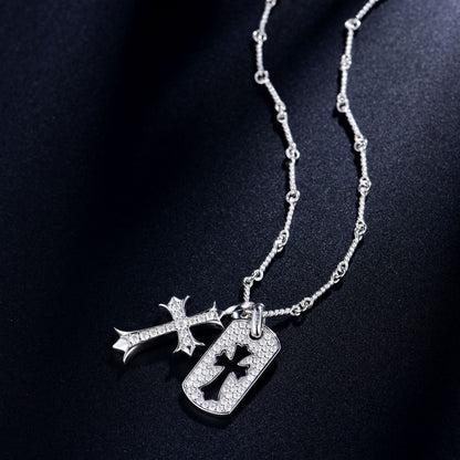 Vintage Kroos Heart Cross Necklace S925 Silver Inlaid Mosan Diamond Pendant Detachable Chain Set