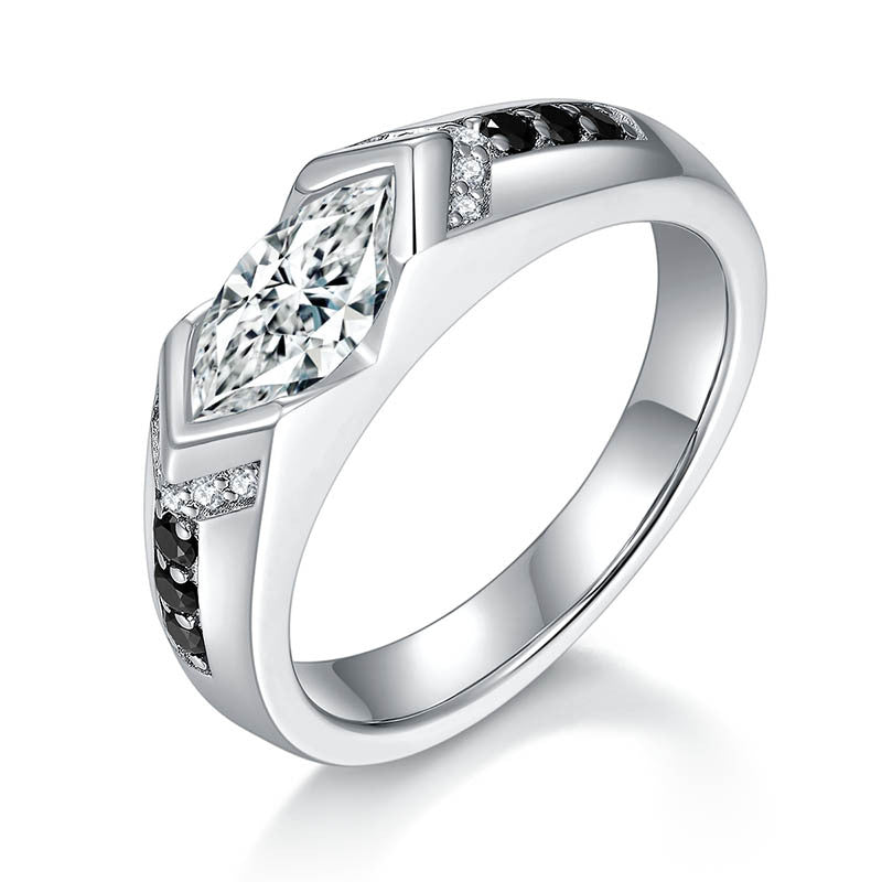 Horse Eye 1 carat black and white contrasting moissanite ring, unisex, pure silver plated with 18k gold