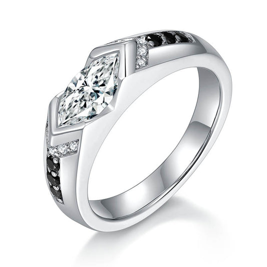 Horse Eye 1 carat black and white contrasting moissanite ring, unisex, pure silver plated with 18k gold