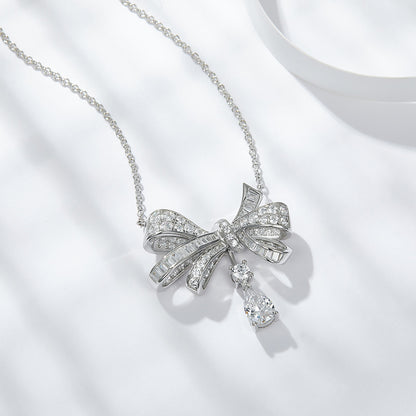 Light luxury bow droplet pear shaped moissanite silver plated 18k gold necklace