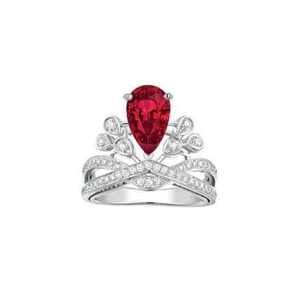 Coronation Love Egret Feather Water Drop Pear shaped Moissanite Emerald Red Blue Treasure Crown Ring