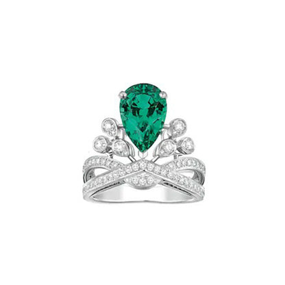 Coronation Love Egret Feather Water Drop Pear shaped Moissanite Emerald Red Blue Treasure Crown Ring